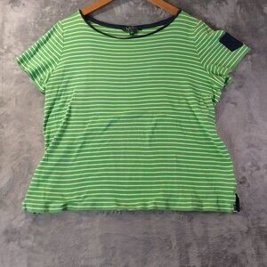 Lauren Ralph Lauren Womens Striped T Shirt 1X Green 100% Cotton Nautical Casual